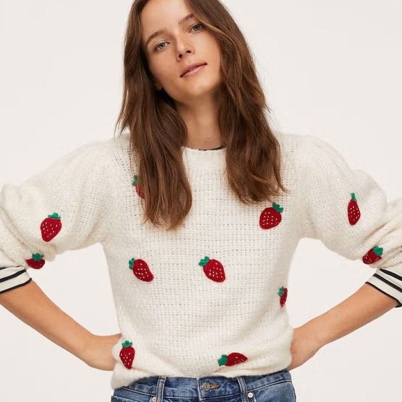 Mango Sweaters - Mango MNG Strawberry Knit Sweater Cream Pullover Embroidered Fruit Design size M
